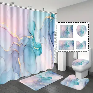 1pc/4pcs, bathroom curtains shower, bathroom set, shower curtains, bathroom decor, Bathroom Decorations, bathroom rug, home decoration, bathroom mat, colorful marble pattern, simple and luxurious theme decoration, with 12 hooks, Shower Curtain Sets