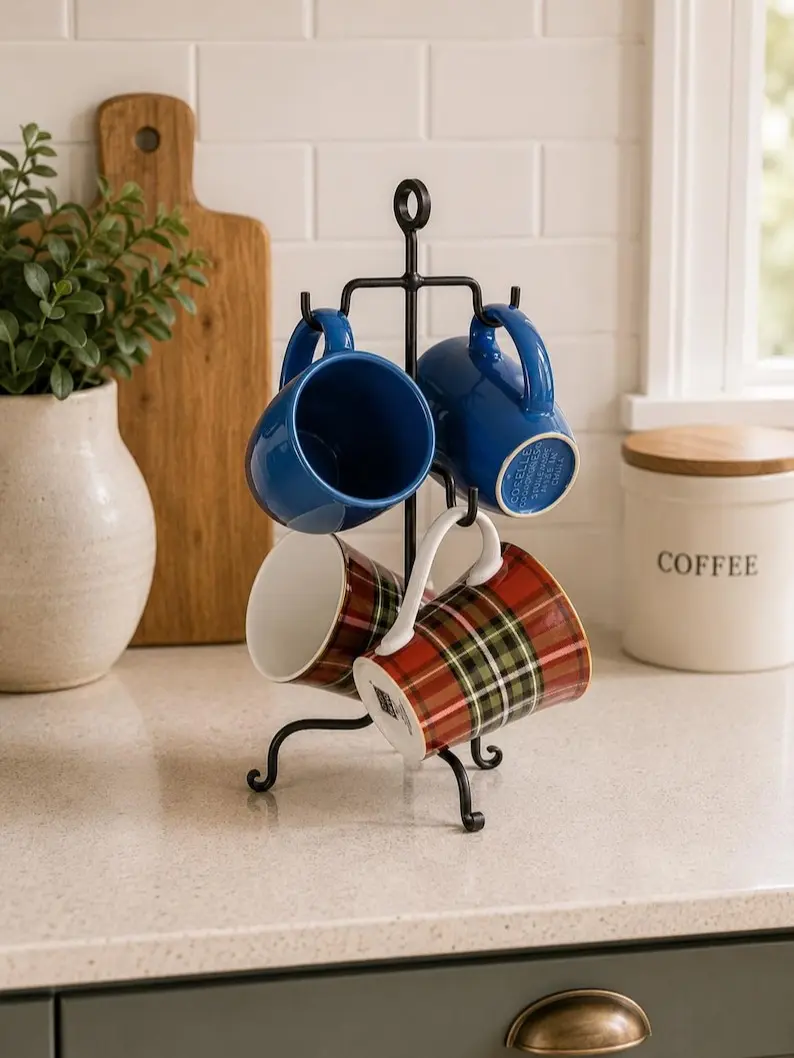 Handmade Wrought Iron Mug Tree – 4-Cup Coffee Station Decor