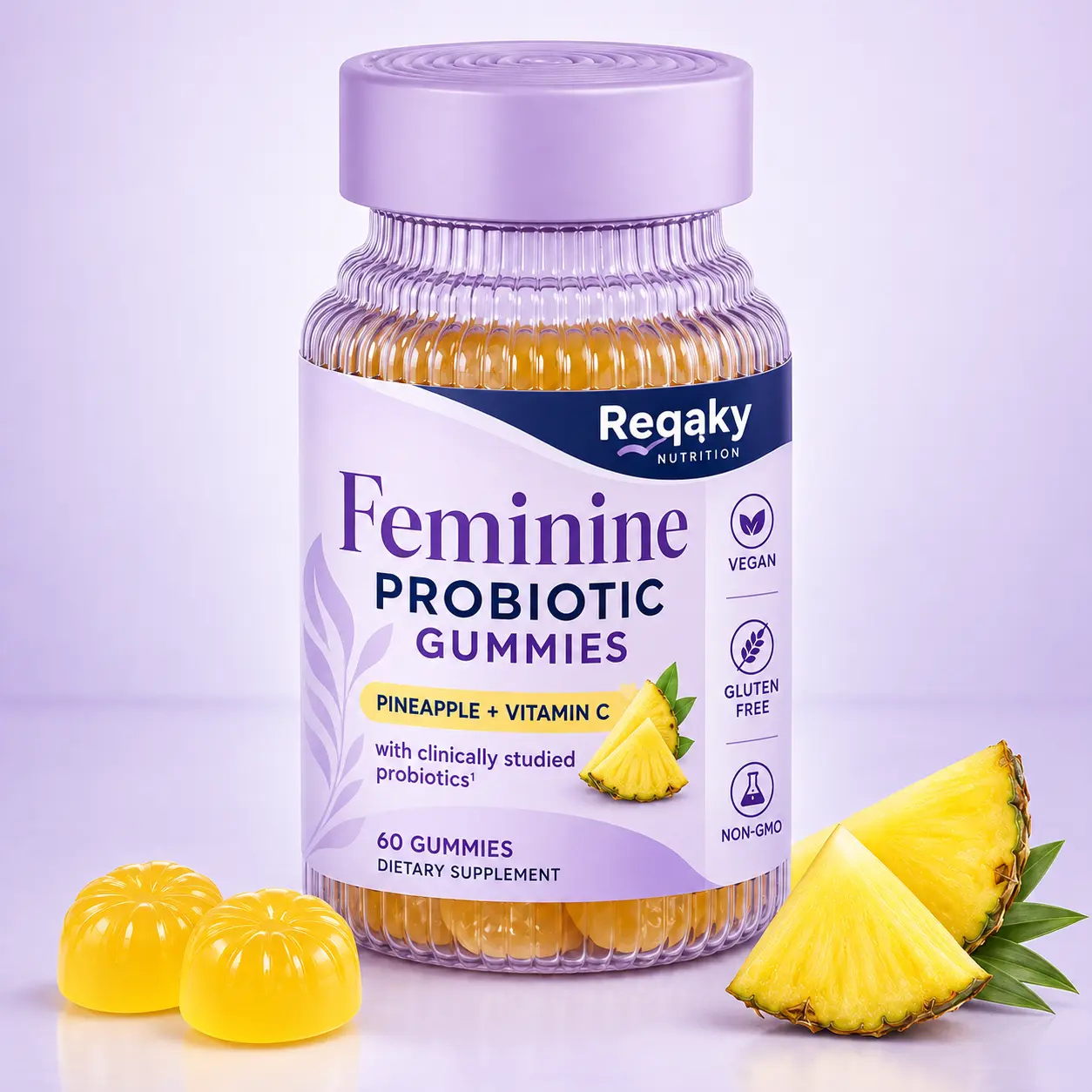 Regaky Women's Probiotic & Prebiotic Chewable Gel Gummy Supplements - Vegan, GMO-Free, Pineapple Flavor, pH Balance Support, Intimate & Gut Health, CGMP Certified Dietary Healthcare Supplement, 60 Pieces