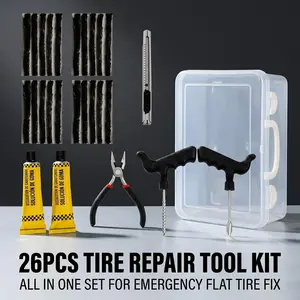 26-Piece Tire Repair Tool Kit, All-In-One Set For Emergency Flat Tire Fix, Includes Tire Plugs, Repair Glue, T-Handle Tools, Pliers, And Storage Case, Ideal For Cars, Trucks, Motorcycles, And ATVs