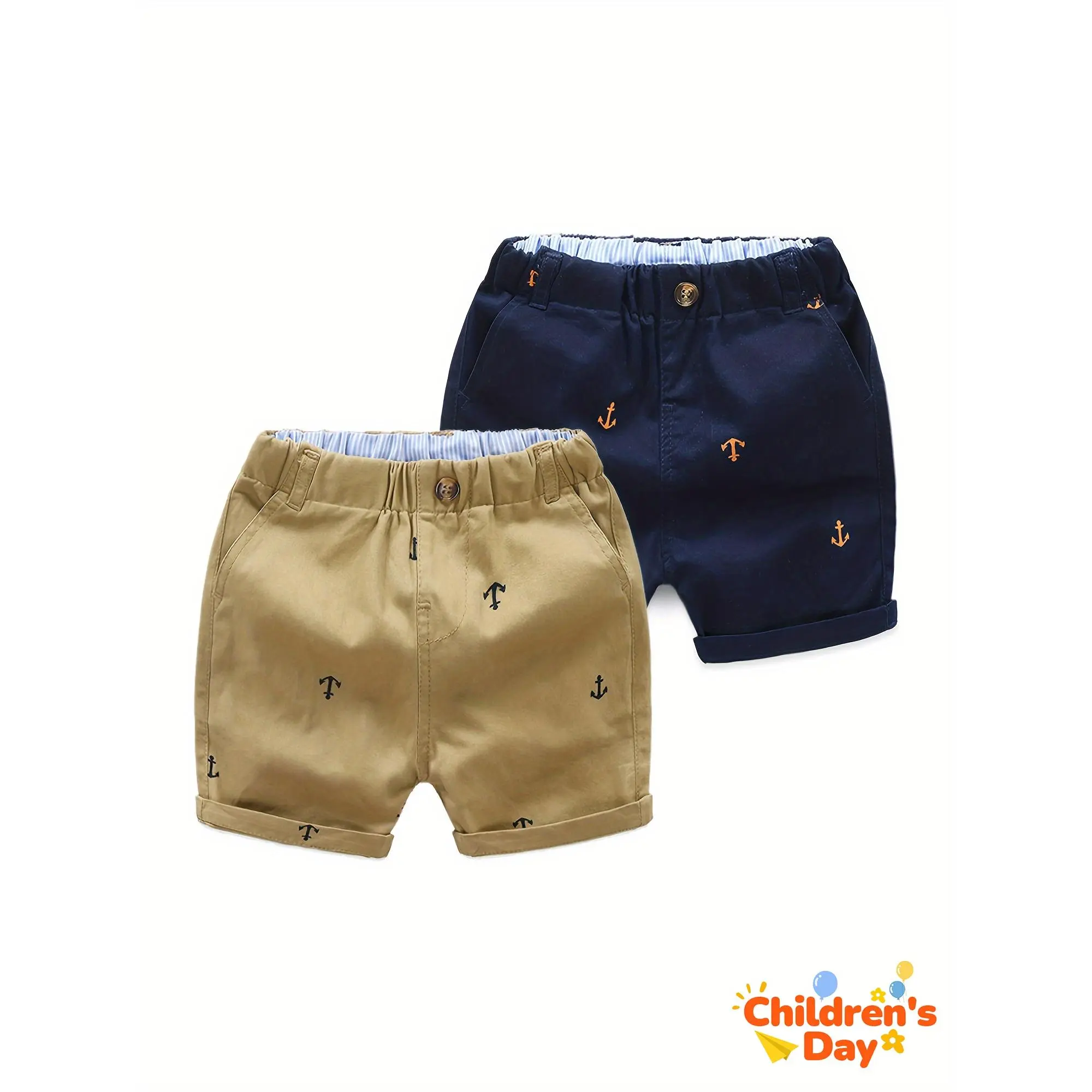 [Cotton Shorts] 2-Pack Cotton Athletic Shorts |     Toddler Boys' With Pockets - Pull-On Design Active Adorable Anchor-Print, Soft And Breathable Casual Summer Shorts For Kids 1-7 Years, for Outdoor