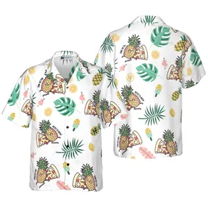 Cartoon Pizza Pineapple Hawaiian Shirt, Short Sleeve Casual Button Down Shirts Summer Beach Shirt, Tropical Floral Shirt