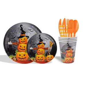 Reusable Halloween Party Tableware Set for 10/20/30 People, Includes Paper Plates, Cups, Cutlery, Napkins, Eco-Friendly Pumpkin Theme Festive Dinnerware
