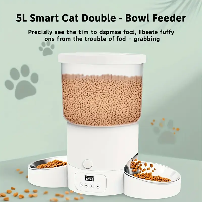 5L Smart Automatic Cat Feeder with Double Stainless Steel Bowls, Waterproof Feeding Mat Included, Programmable Portion Control, Battery Backup for Power Outage (For 2 Cats)