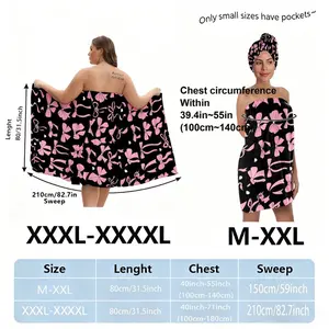 Black Pink Floral Towel Wrap Set with Matching Hair Wrap, Skirt & Petticoat, Plus Size XXL-XXXXL, Perfect for Post-Bath Beach/SPA, Ideal for Summer Vacation, Pool Party, Bridal Shower, Birthday Gift