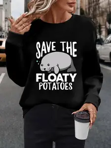 Women Manatee Print Drop Shoulder Sweatshirt, 2024 New Style Casual Long Sleeve Round Neck Pullover for Fall & Winter, Ladies Clothes for Daily Wear