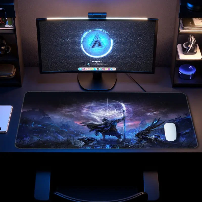 Fantasy Knight Blue And Purple Storm Mouse Pad Elden Ring Inspired Gaming Mouse Pads Blue Purple Mousepad XXL Rubber Stitched Edges Keyboard Pad Desk Accessories Desktop Accessory Large Extended Desk Decor Desk Supplies For Office