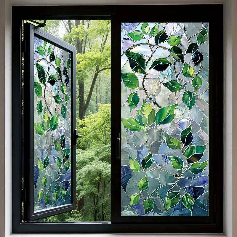 1pc PVC Stained Glass Decorative Window Sticker - Vibrant Green Leaves & Colorful Glass Design, Static Cling Privacy Film for Home Windows & Bathroom Doors, Heat Resistant & Removable, 17. 7x39. 4in (45x100cm), Bathroom Window Decoration | Vibrant Window