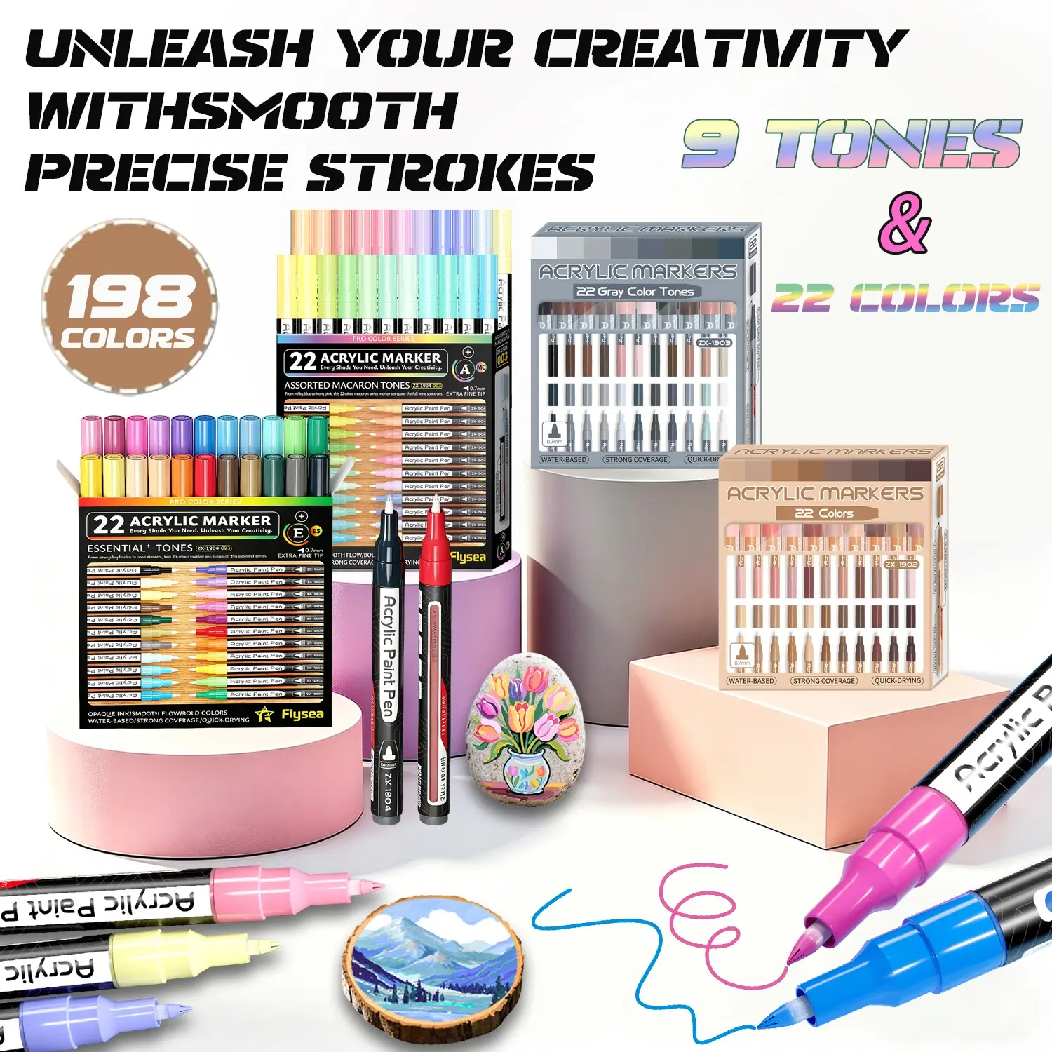 Flysea Acrylic Paint Markers Set, 22 Pieces, 0.7mm Fine Tip, Quick Dry, Non-Blotchy, Ideal for Stone, Wood, Metal, Glass, Canvas, DIY Art