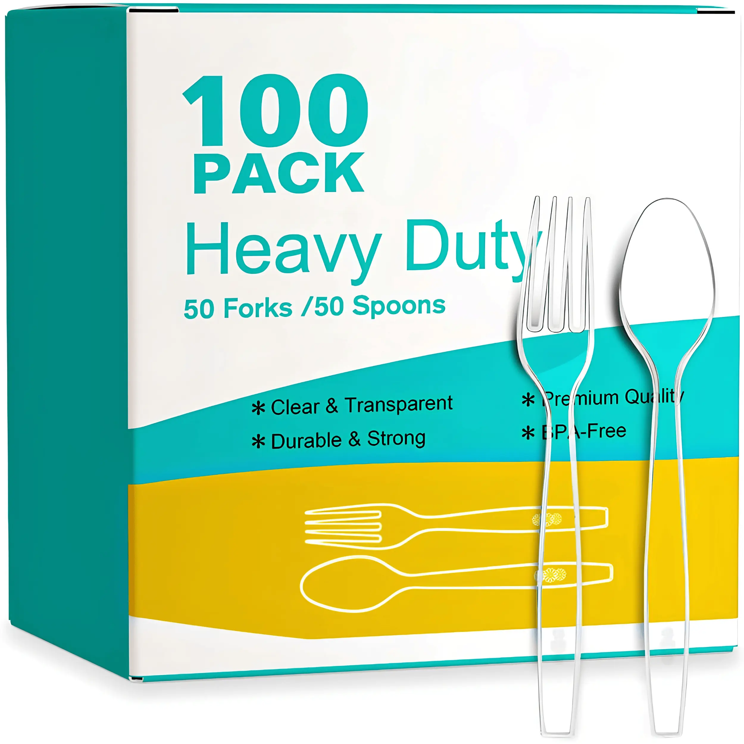 100 Count Heavy Duty Plastic Cutlery Set 50 Forks & 50 Spoons, Disposable Plastic Silverware for Parties, Weddings, BBQs, Catering, Picnics & Everyday Dining, Strong Plastic Utensils for Home & Events