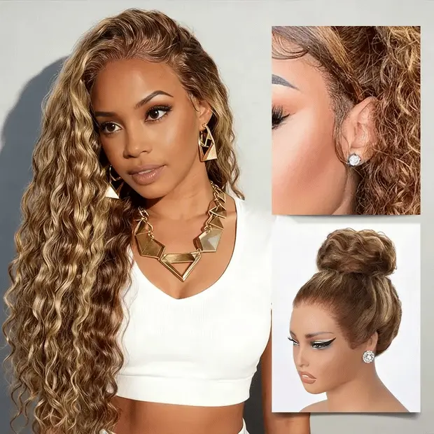 【Sunkissed Honey Blonde】18" Special Offer Summer Must Have Highlight Water Wave Pull Go 13x6 Full Skin Lace Wig Tiny Knots Glueless Wig