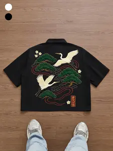 Y2K Style Japanese Streetwear Loose Casual Short Sleeve Top Shirt, Crane and Pine Tree Print, Graphic, Collar Design, Summer City