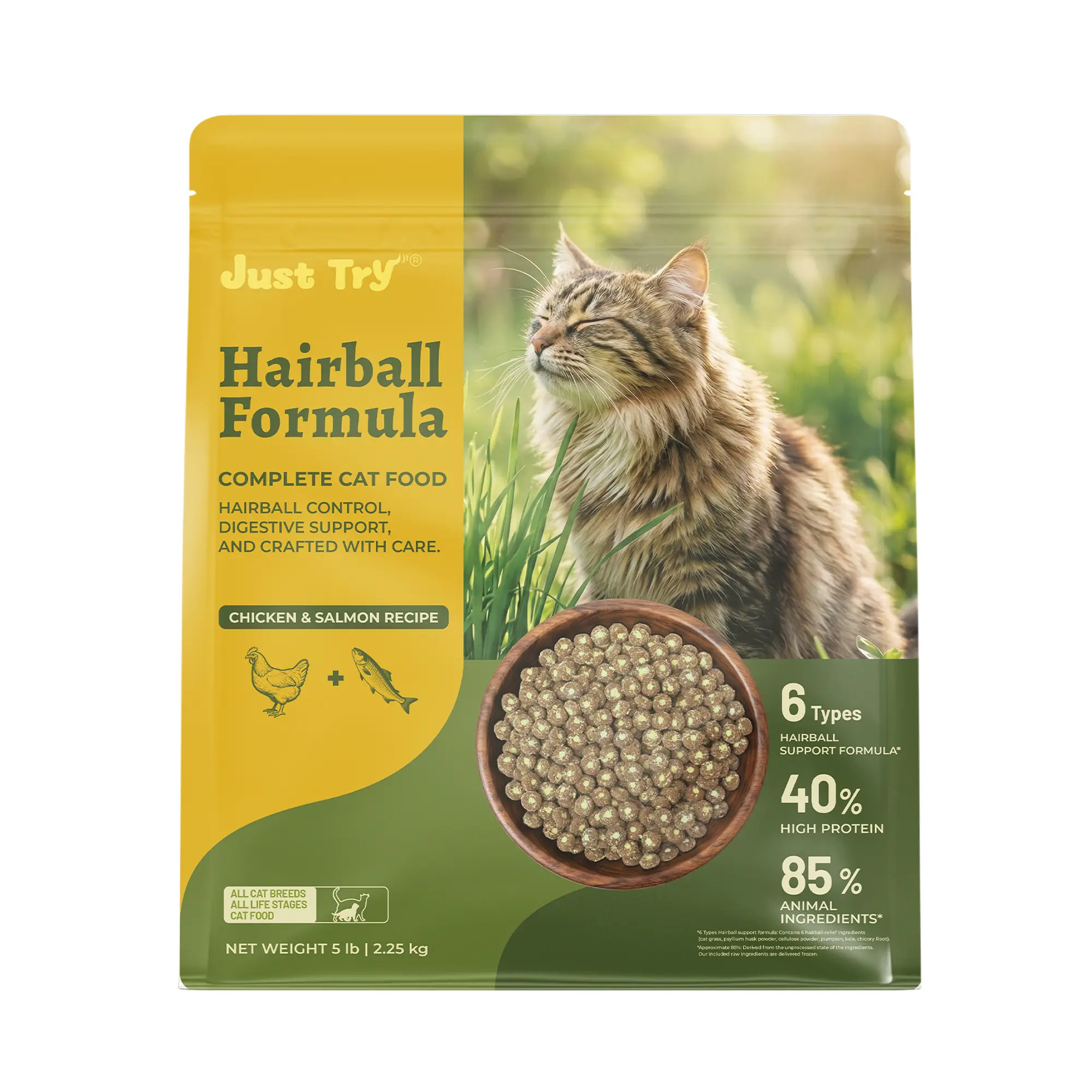 Just Try Grain-Free Meat-Based Dry Cat Food, 5 lb - 40% Protein from Salmon & Chicken, Hairball Help with Cat Grass, Pumpkin, Taurine, Psyllium Husk & Cranberry, Supports Digestive Health #sohochic