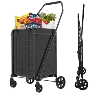 Shopping Cart with Shelf,Grocery Cart on Wheels, Foldable Utility Shopping Carts with 360° Rolling Swivel Wheels for Groceries Laundry