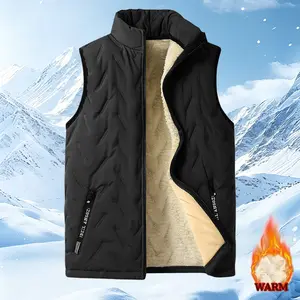 Menswear Thick Fleece Mens Sleeveless Warmer Tops, Autumn-Winter Lined Stand Collar Lambswool Waistcoat, Zippered Pockets, Regular Fit Non-Elastic Fabric, Ideal for Outdoor Activities