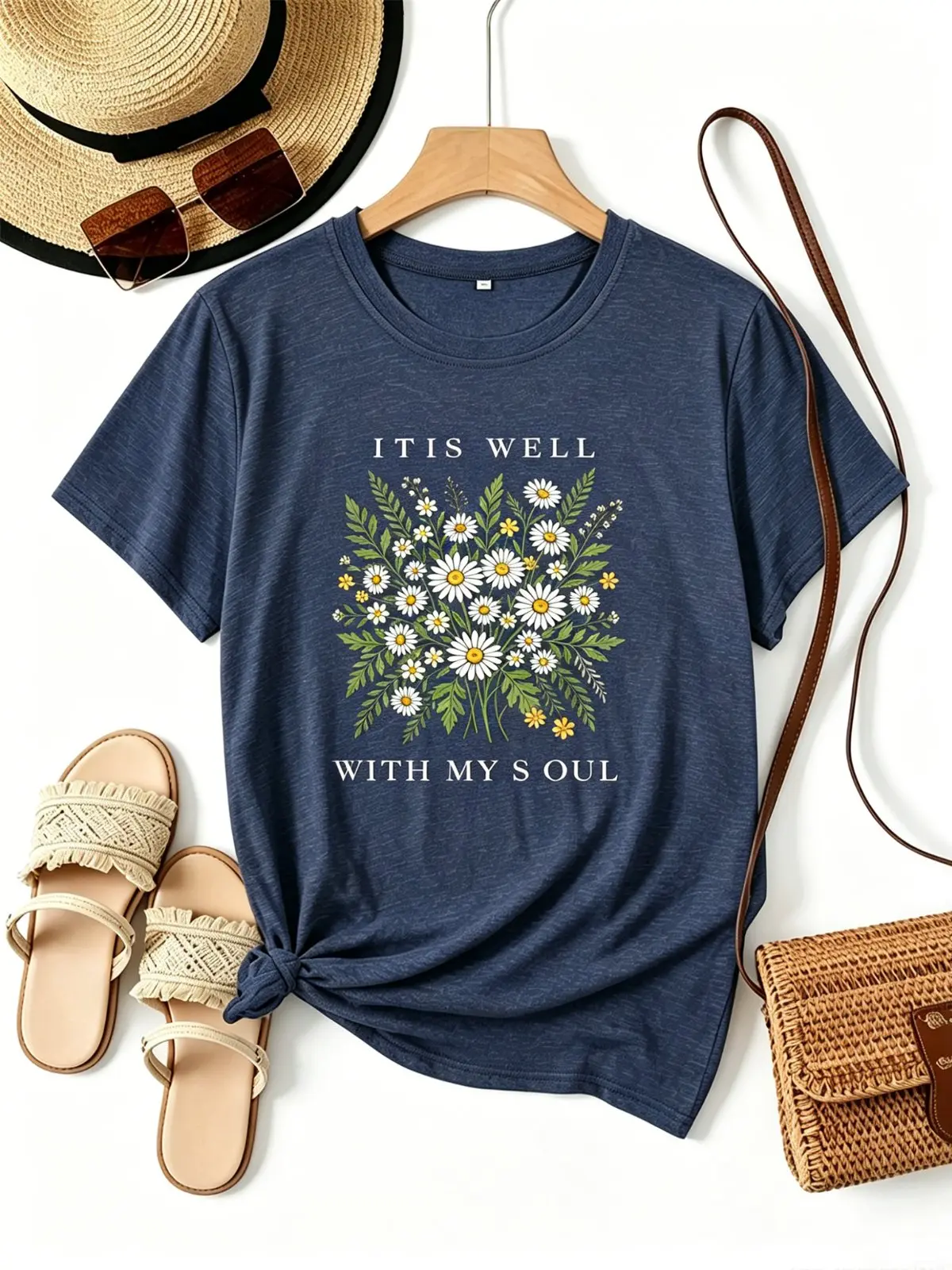 Women's Casual Cotton Round Neck Short Sleeve T-Shirt With Floral Daisy Print, Perfect For Daily Wear