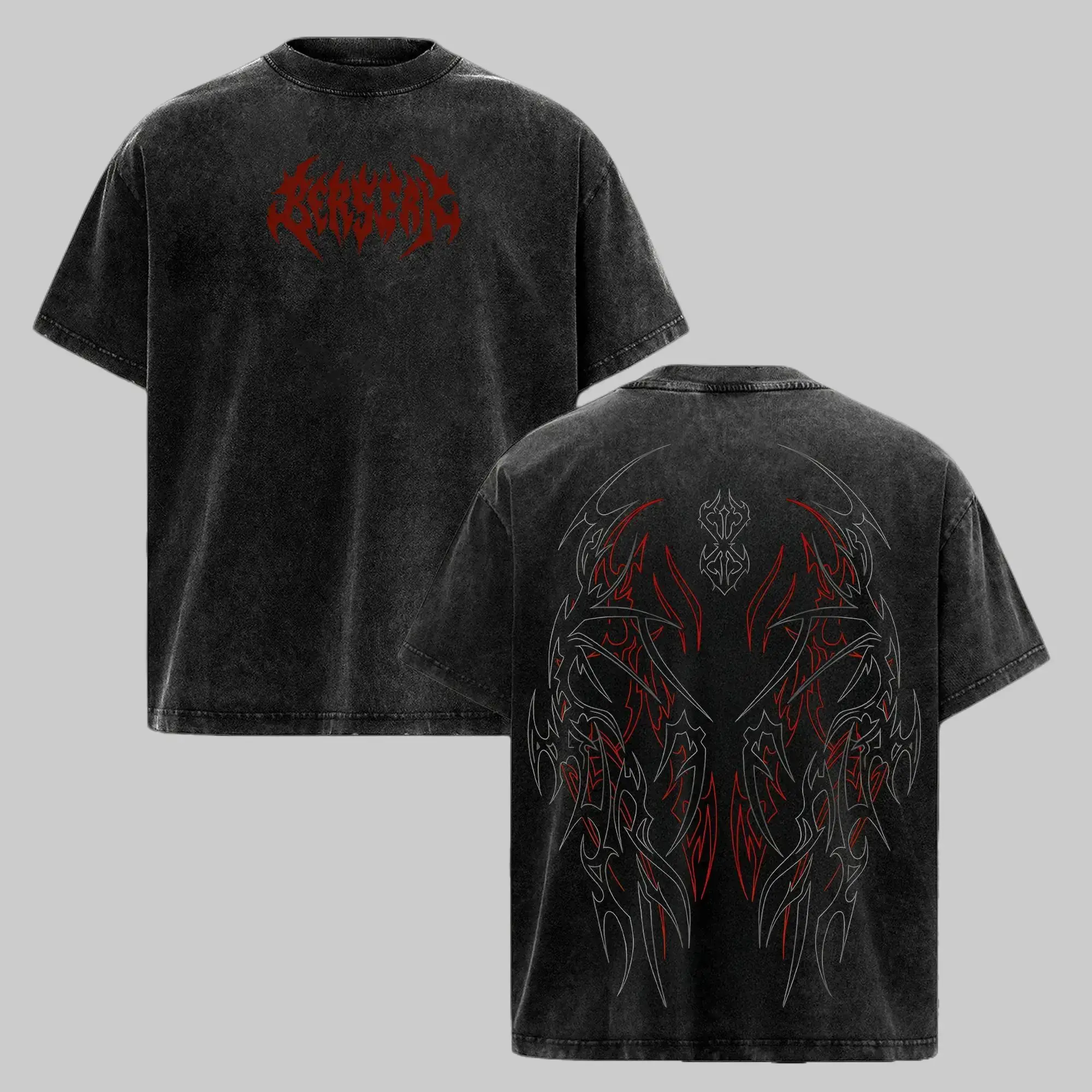 Women's Berserk Graphic Vintage Washed Oversized Short-Sleeve Round Neck Tee, Heavy Cotton Breathable Gym Pump Cover, Dark Aesthetic Unisex Workout Train Streetwear Top, Shortsleeve