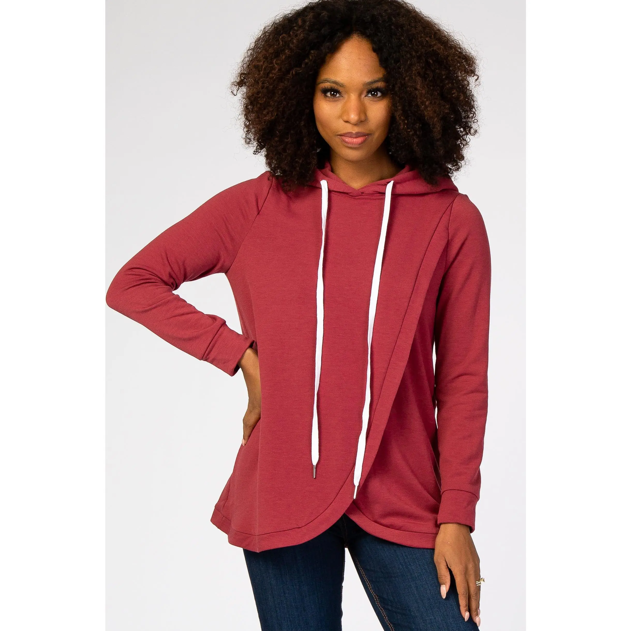 Red Layered Front Nursing Fleece Hoodie