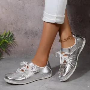 Women's Metallic Shiny Sneakers with Ribbon Laces Fashion Shiny Casual Sports Indoor Outdoor Shoes