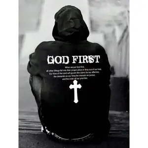 Men's Letter & Cross Print Drop Shoulder Hoodie, Fashion Casual Regular Fit Drawstring Pocket Hooded Sweatshirt for Daily Holiday Outdoor Wear, Men Clothes for Fall & Winter