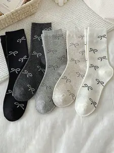 5 Pairs of Women's Bow Print Mid-Calf Socks, Comfortable Fitted Fashion for All Seasons and Outdoor Wear, Stylish Daily Accessories