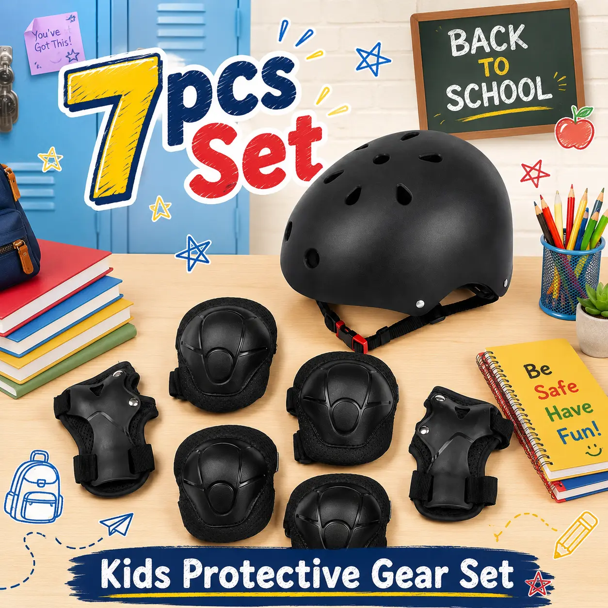Kids Helmet and Pads Set, 7-Piece Protective Gear with Knee Pads, Elbow Pads and Wrist Guards for Roller Skating, Cycling, Scooter and Skateboard, Ages 5-10