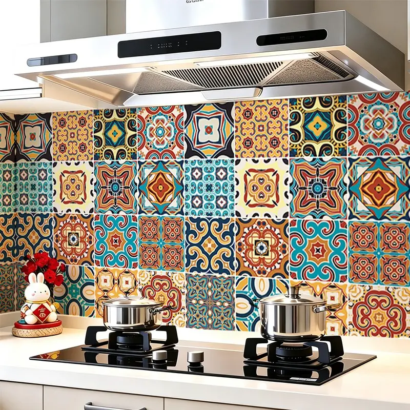 Bohemian Moroccan Red Orange Floral Peel and Stick Vinyl Backsplash, Decorative Decal, Removable Heat Resistant Waterproof Oilproof Contact Paper, Kitchen Decor Sticker for Stove Cabinet Countertop 40×500cm 15.8×196.85in