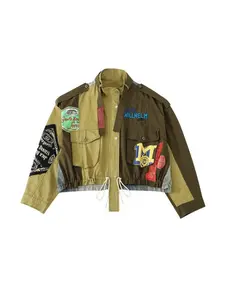 Embroidery Patchwork Long Sleeve Drawstring Coats