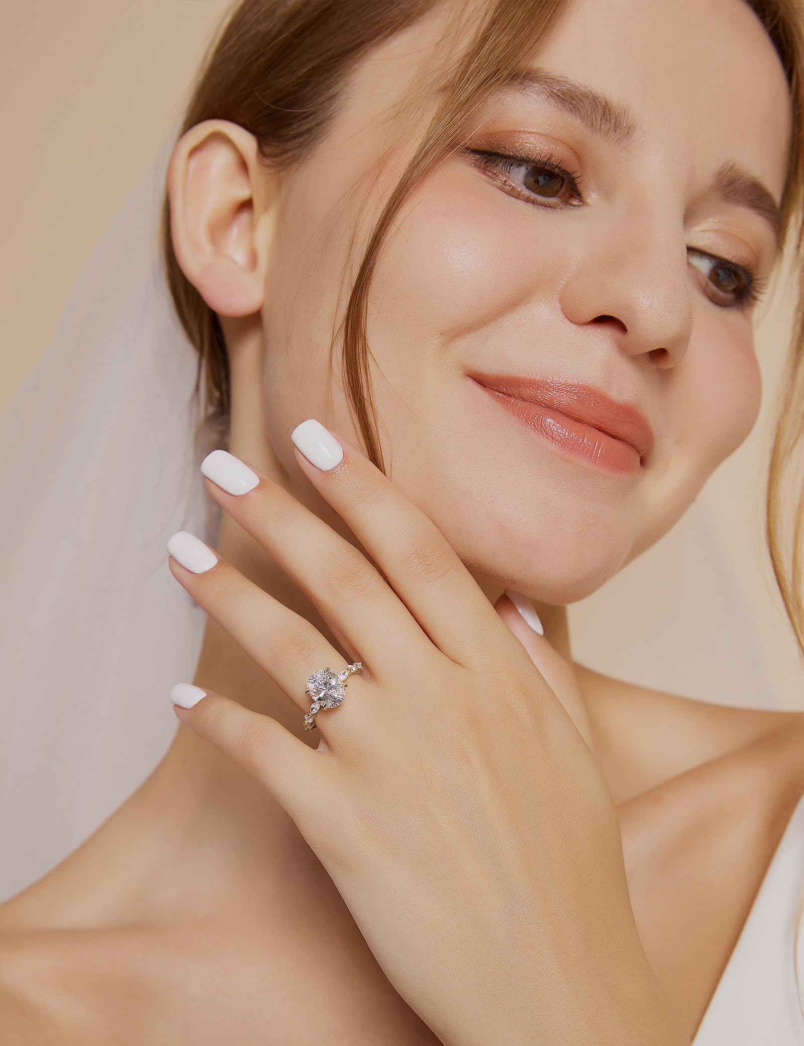 EAMTI 14K Gold Plated Engagement Ring 3 Carats Oval Cut Cubic Zirconia Wedding Solitaire Halo Promise Ring for Women