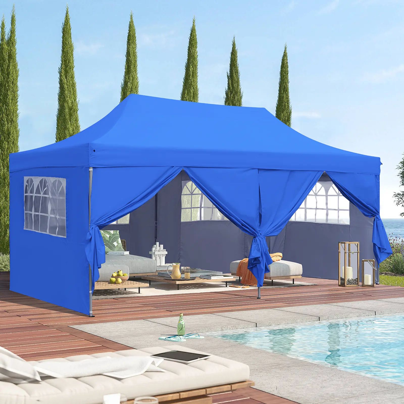 GDY 10ft x 20ft patio canopy Rectangle Blue Metal Polyester Roof Pop-up Gazebo with Screen Included