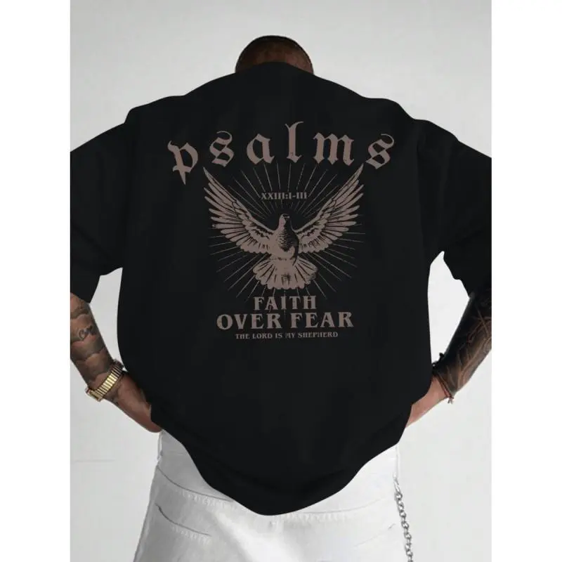 Faith Over Fear T-Shirt With Psalm 93 4 Design Loose Fit Crew Neck Short Sleeve For Men Casual Wear Sports Fan Gift In Glossy Black..