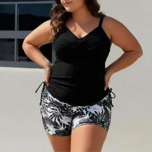 2026 New Model Plus Size Tankini Swimsuit Women - Black Twist Front Swim Top With Side Tie High Waisted Bottoms - 3XL Adjustable Bathing Suit