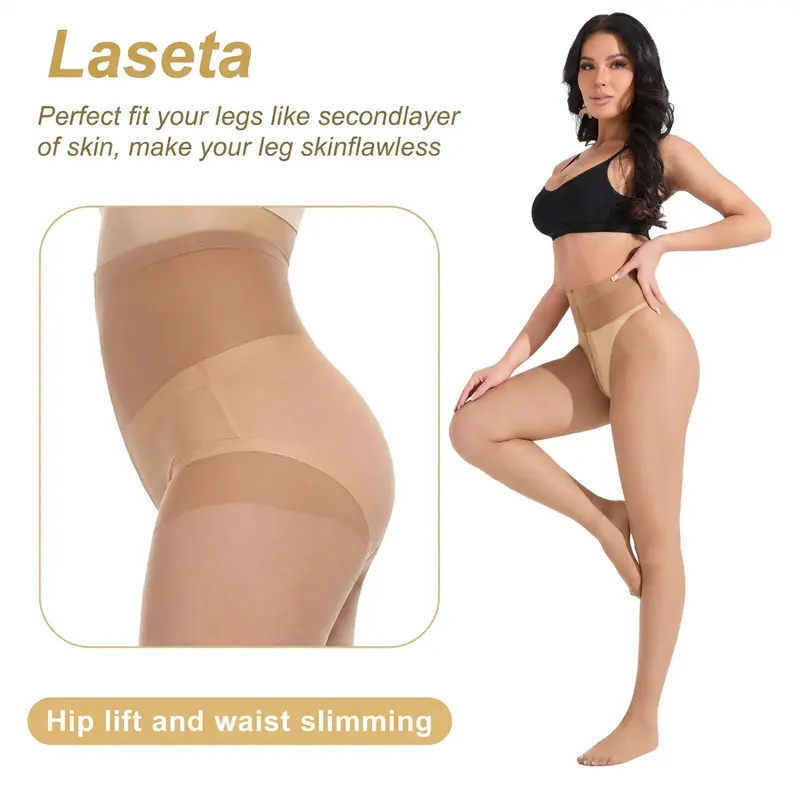 Laseta 2 Pairs Women's hosiery 20D Sheer Control Top Tights Ultra-Soft Panty Hose Run-Resistant T-Band High Waist Stockings Womenswear