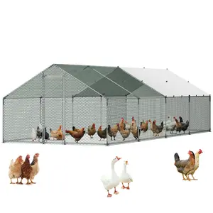 fathersdaygift VEVOR Metal Chicken Coop, 9.8x26.2x6.5 ft Large Walk-in Chicken Runs with Cover, Spire Roof Hen House Enclosure with Security Lock, Outdoor Duck Rabbit Cage Poultry Pen for Backyard, Farm, Yard