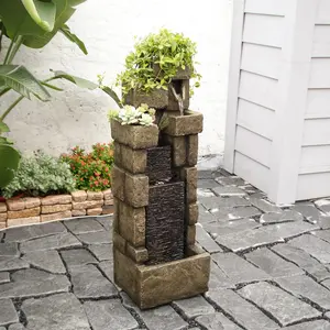 42.72" H Modern Stacking Bricks Water Fountain Outdoor Cascading Waterfall Fountains with Led Lights for Gardens Landscaping Patios Balconies and Lawns Decor for Outside