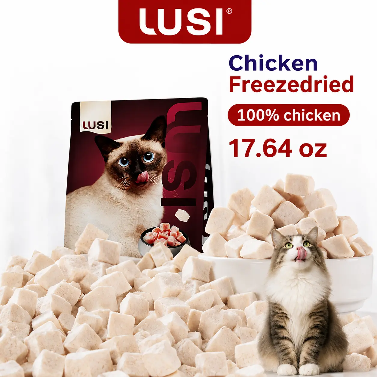 Lusi High-Quality Freeze-Dried Chicken Chunks Cat Food - 17.64 oz, Premium Cat Treat for Feline Nutrition, High-Quality Freeze-Dried Chicken Chunks - 17.64 Oz