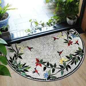 Vintage Mosaic Floral Half-Round Welcome Mat, Soft Plush Washable Non-Slip Door Mat, Ideal for Indoor Use, Perfect for Hallway Living Room Bedroom, Flower Pattern Rugs, Home Decorative Boho Washable Rug