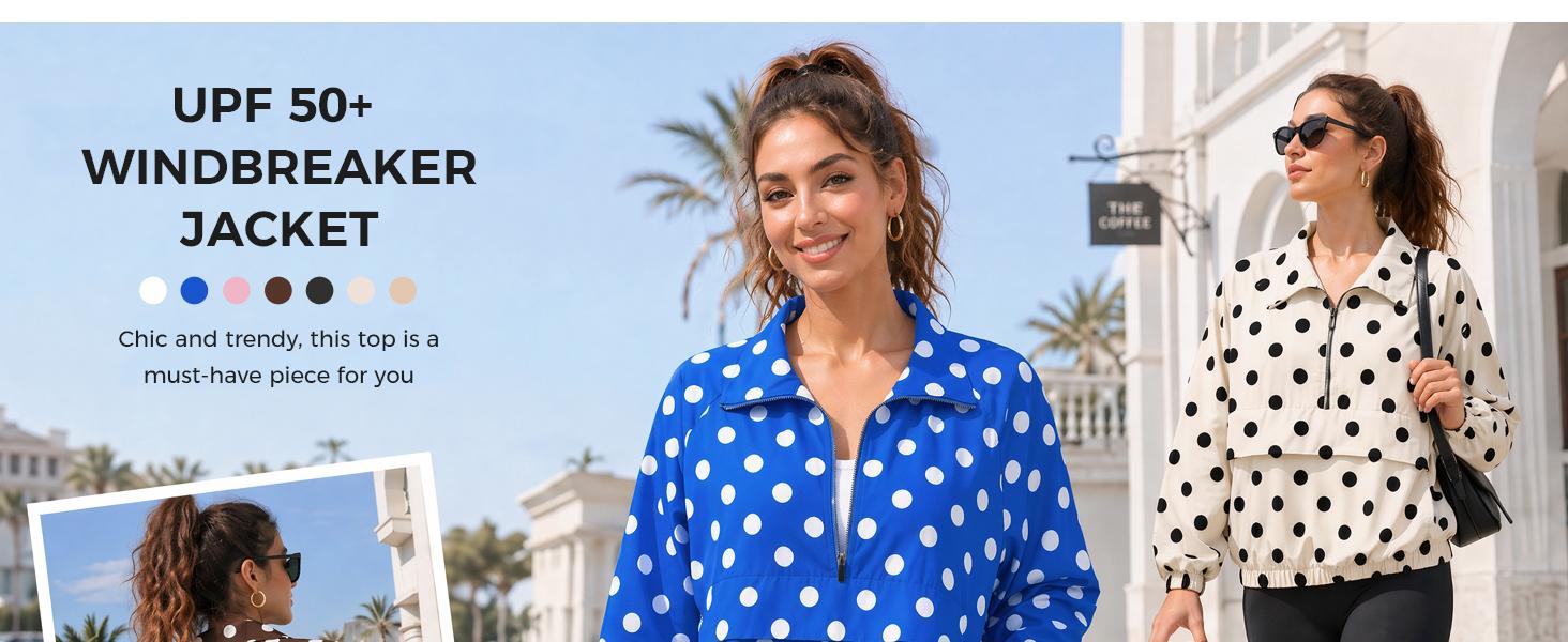 Fisoew Womens Polka Dot Quarter Zip Pullover UPF 50+ Windbreaker Jacket | Stand-Up Collar, Pocket, Oversized, Lightweight, Running, Hiking, Shirts