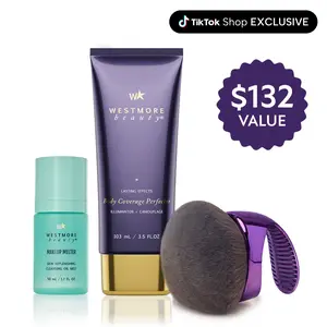 Westmore Beauty Body Essentials Trio | Body Coverage Perfector 3.5oz + X-Large Buffer Brush + FREE Travel Size Makeup Melter Hydrating Cleansing Oil Mist