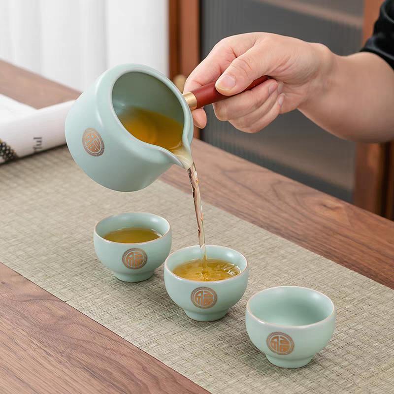 Golden Fortune Ru Kiln Tea Set 10pcs Elegant Ceramic Teapot & Cups in Blue Leather Case Perfect for Tea Enthusiasts