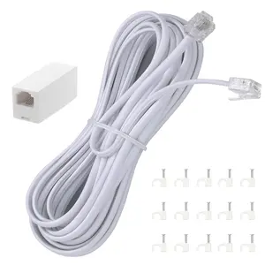 15  Long Telephone Extension Cord Phone  Line Wire, with Standard RJ11 Plug and 1 in-Line Couplers and 15  Clip Holders-White