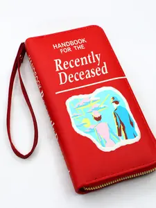 Gothic humor "Manual of the recently deceased" zipped wallet wristband - synthetic material - themed card holder with wristband, red/pink/multicolored design, Casual Zipper Purse