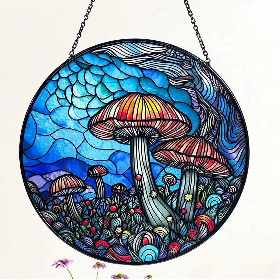 Stained Glass Window Hanging - 7.8‘’ "Enchanted Forest Mushroom Suncatcher for Home and Office Décor Sun Catcher Circular Artwork Decor Nature