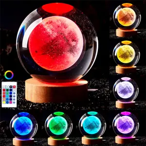 3.15 in Moon Ball Lamp with Wooden Base - 16 Color Changing, Dimmable Remote Control Desk Lamp, Novelty Lighting to Light Up Your Space (F)