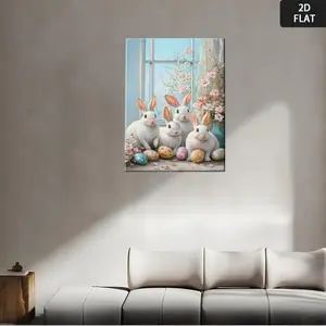 2D Flat, Vintage Easter Bunny Rabbits & Floral Spring Eggs Pastel Colors Wrapped Canvas Poster - Light Blue Background Wall Art Decor for Easter,, Living Room, Kitchen - Spring Home Decoration with White Rabbits & Tulips - Sizes Available	