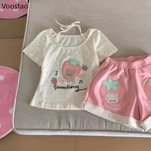 Japanese Kawaii Lolita 2 Piece Set Women Cute Cartoon Strawberry Embroidery Polka Dot T-shirt Pink Shorts Suit Girls  Outfits