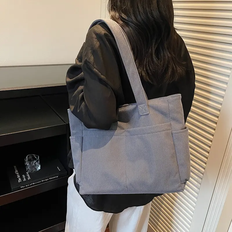 Vintage Corduroy Large Tote Bag Multi Pocket Shoulder Bag for School Work Daily Travel