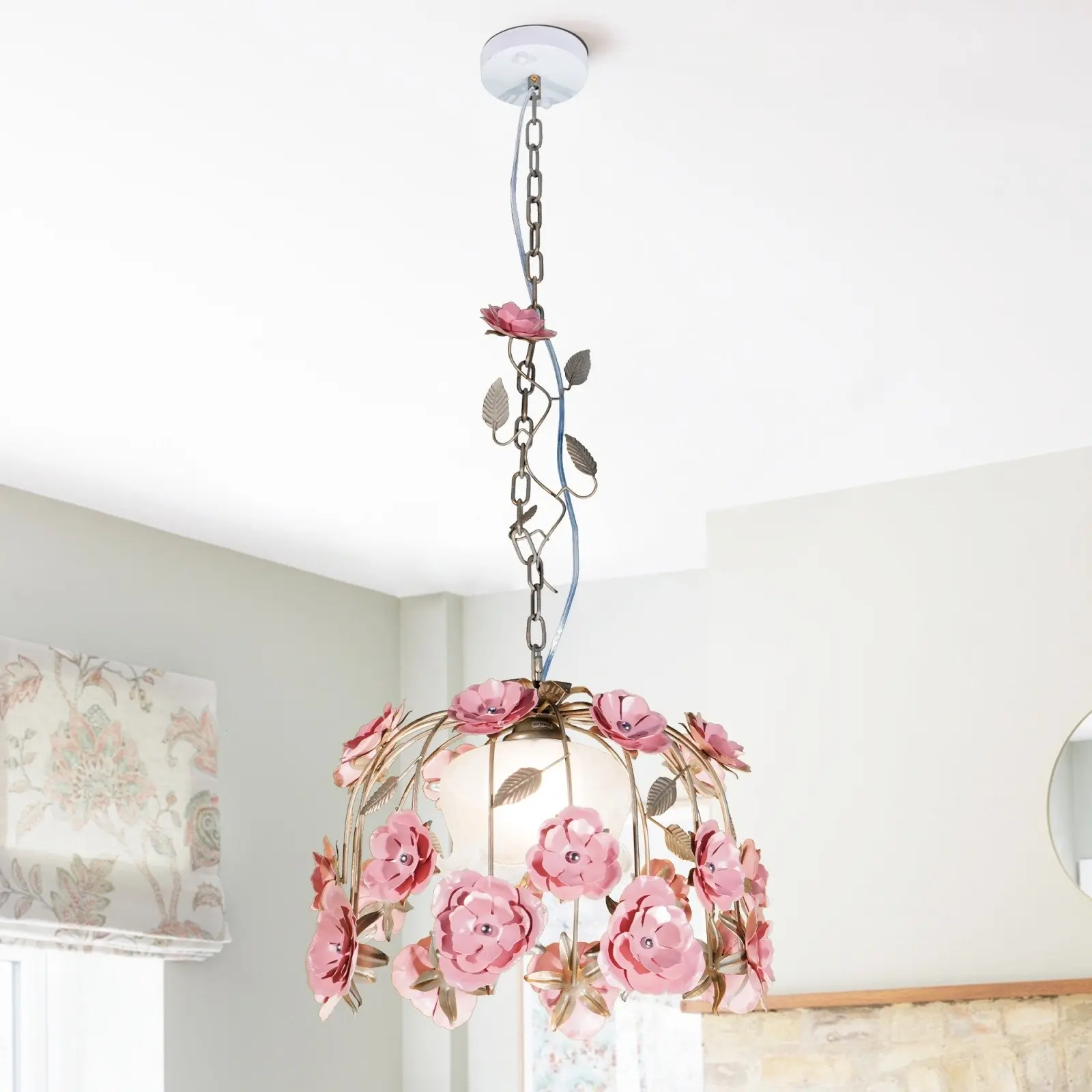 17.7in 1-Light Farmhouse Cottage Chandelier with Glass Shade, Art Deco Design, 1 E26 3-Color LED Bulb, 3 Color Temperature Lighting, 33.1in Chain, for Dining Room, Kitchen Island, Foyer