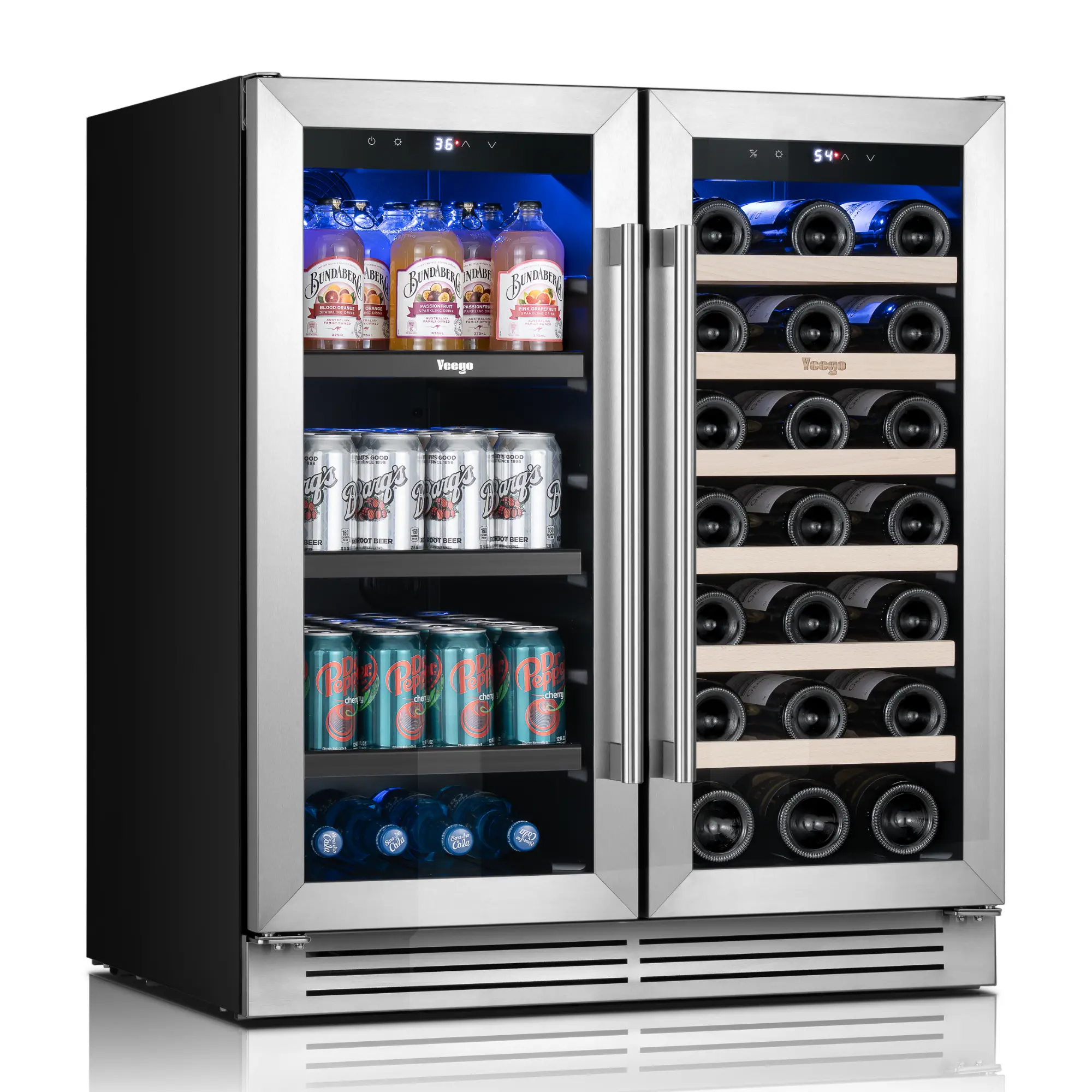 Yeego 30 Inch Wine and Beverage Refrigerator, Advanced Compressor, Supports Dual-Zone Temperature Control from 36°F to 72°F, Holds 80 Cans and 33 Bottles, Adjustable Shelves Beverage Fridge with Stainless Steel with Glass Door for Built-in for Kitchen/Bar