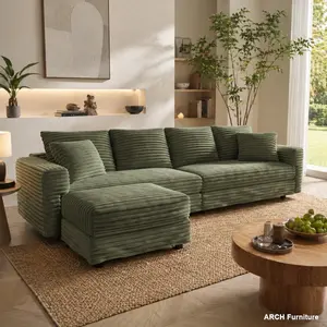 ARCH Green Plush Corduroy 4-Seat Modern Sleeper Sofa - Deep-Seat Convertible Sectional with Soft Pillows, Movable Ottoman Lounge Chair, Living Room Upholstered Couch (W1885S00276)